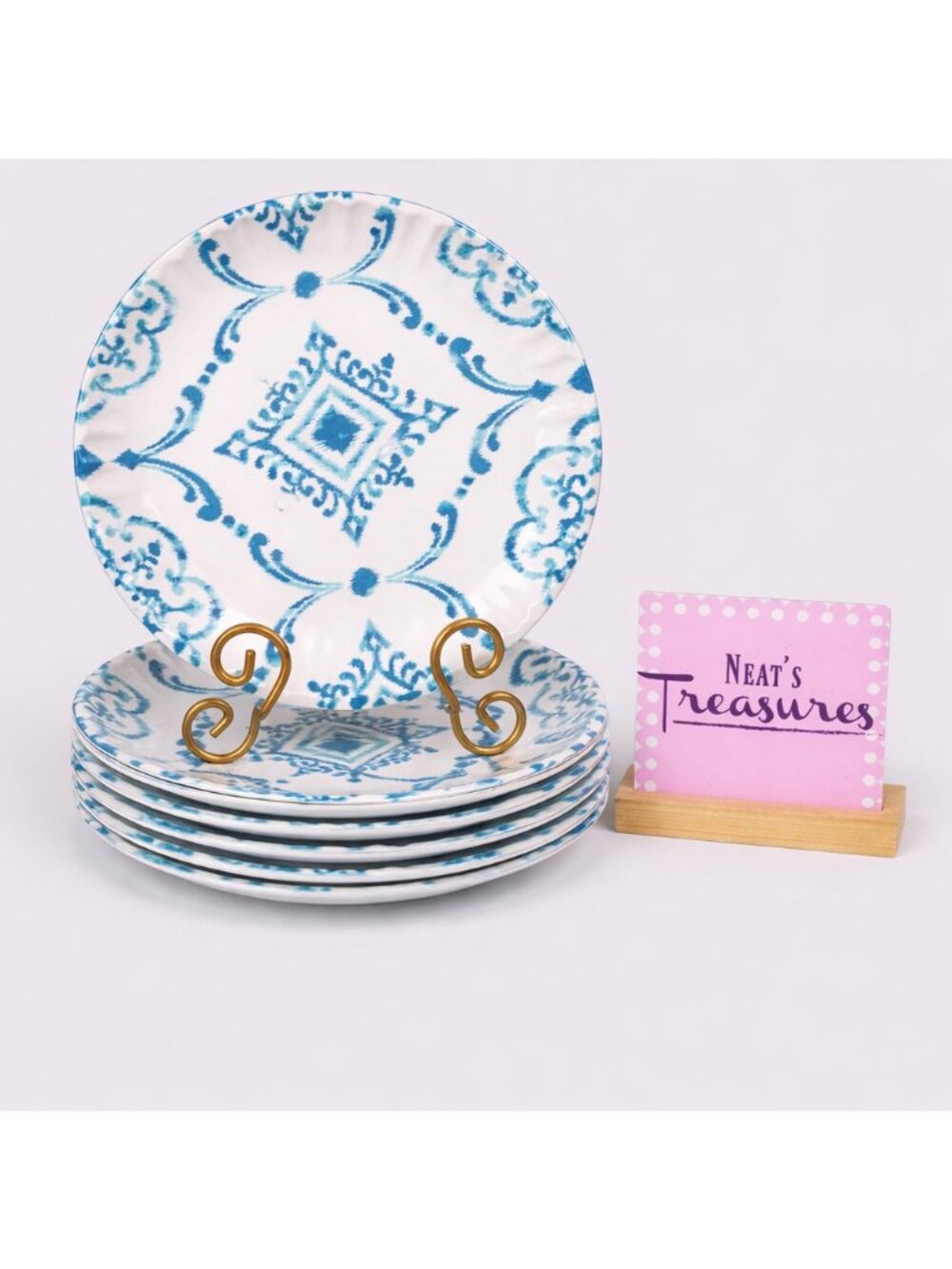 ARTISTIC ACCENTS Melamine White Blue Design Round 10.5" Dinner Plates Set of 7